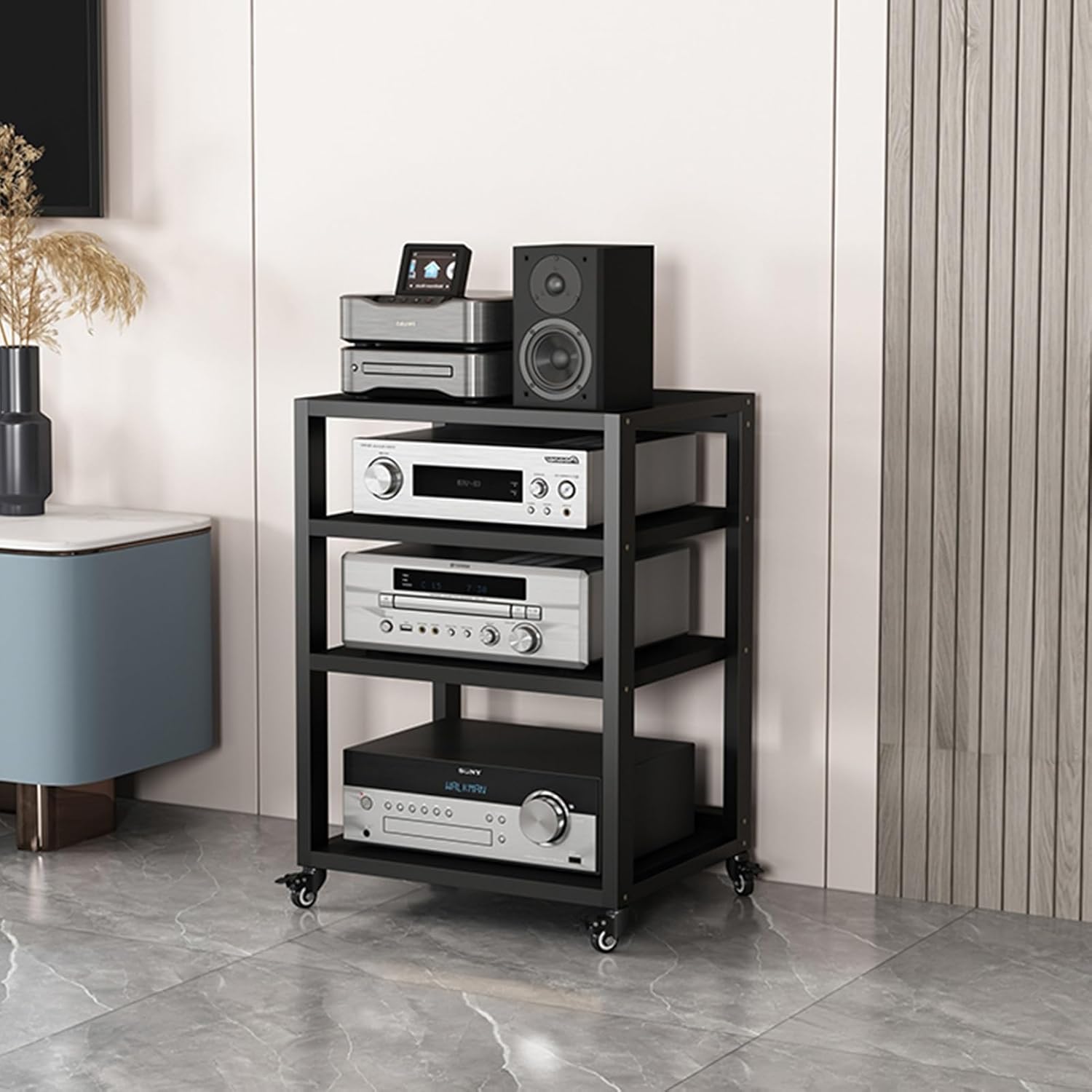 4-Tier AV Media Player Stand Movable Wooden Corner Shelf Entertainment Stereo Component Storage Cabinet CD Rack Audio Tower for Home/Office/DJ/Theater