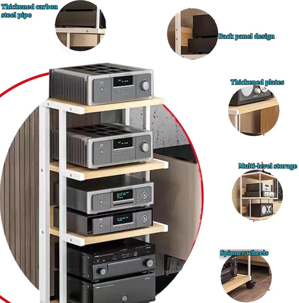 TAJMDGW Heavy Duty AV Media Stand Movable Tower Stereo Components Cabine with Wheels Large Audio Component Rack Amplifier HiFi Shelf for Living Gaming(White