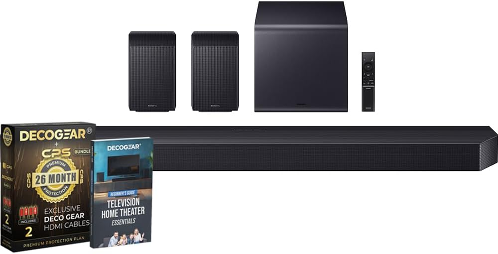 Samsung Q Series Soundbar HW-Q990F 11.1.4 ch Subwoofer + Rear Speaker (2025) Q-Symphony Bundle with CPS Exclusive 26 Month Protection Pack & Deco Gear Complete Home Theater Beginner's Guidebook