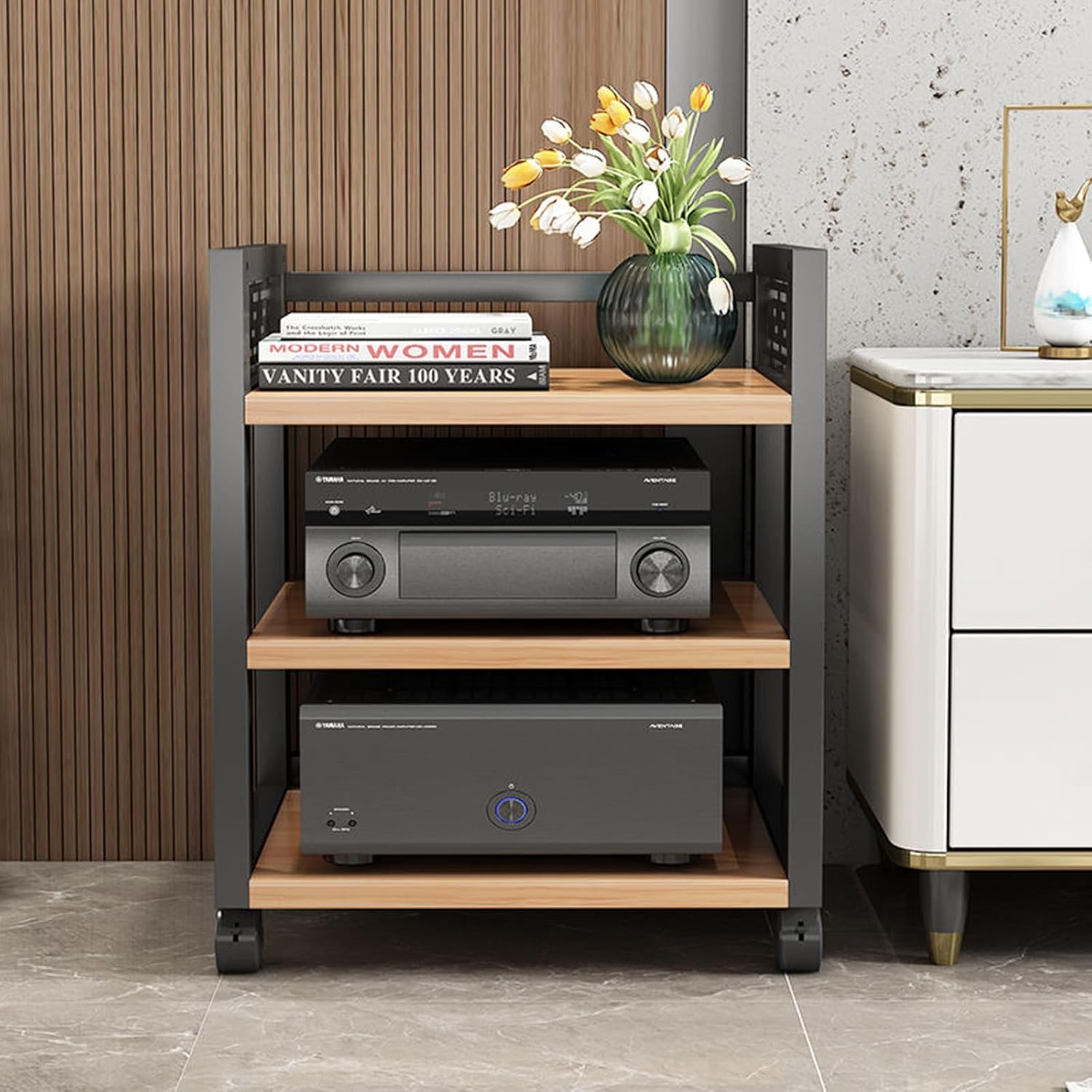 3/4/5 Tier Floor-Standing Audio Rack Wooden Floating Entertainment Center Shelves High Amplifier Rack Shelf/Audio-video Shelving Audio Rack Tower for Living Gaming Recording Room(Light Walnut