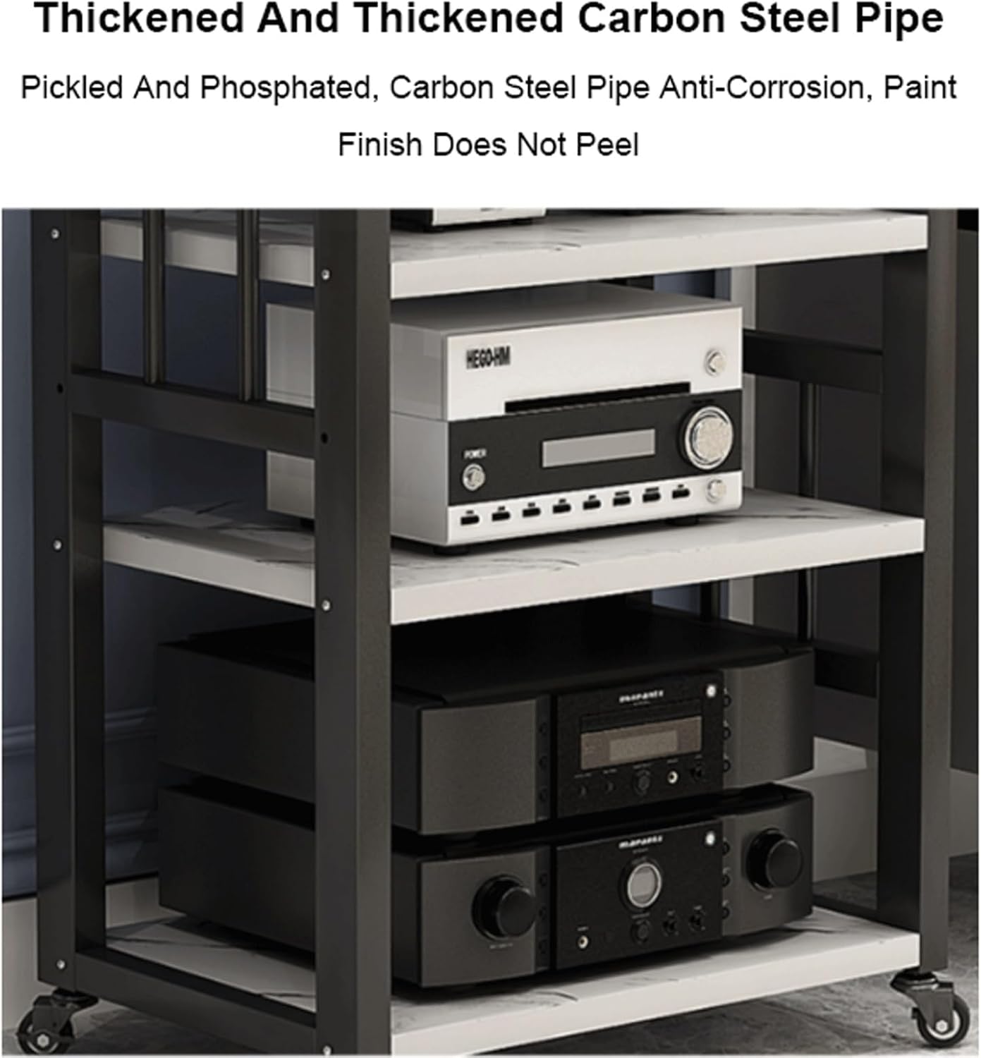 XMFBSY Medios 4 Tier Audio Rack Cabinet Wooden Stereo Stand with Wheels Home Theater AV Media Stand DVD Record Player Rack for Office Studio Organizer(White)