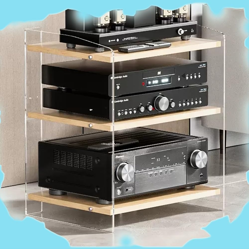 NILZA Acrylic Audio Component Rack 3/4-Layer Audio Rack Media Storage Shelves Adjustable Wooden Shelves Audio Stand Stereo RackMedia Stand for HiFi Audio Equipment(Clear+Wood