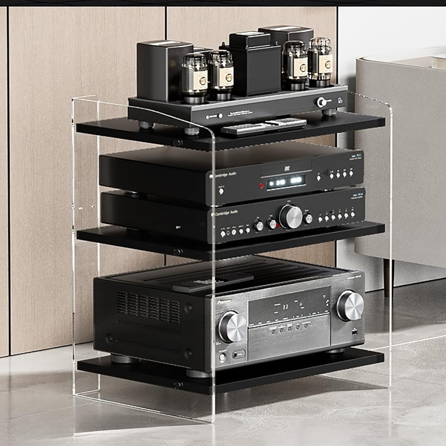 Clear Acrylic Media Stand with Adjustable Shelves