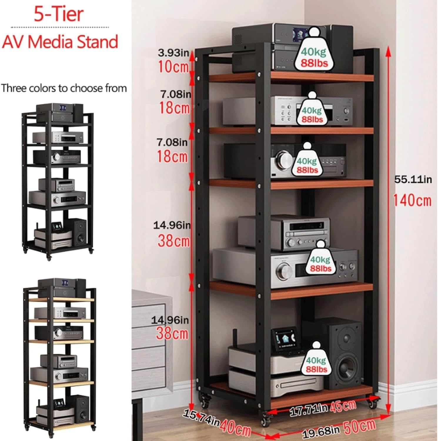 KUddYYKi Audio Rack Movable Stereo Rack Adjustable Audio Equipment Rack Audio Open AV Stand Wooden with Wheels HiFi Rack Audio-Video Shelving(Nero