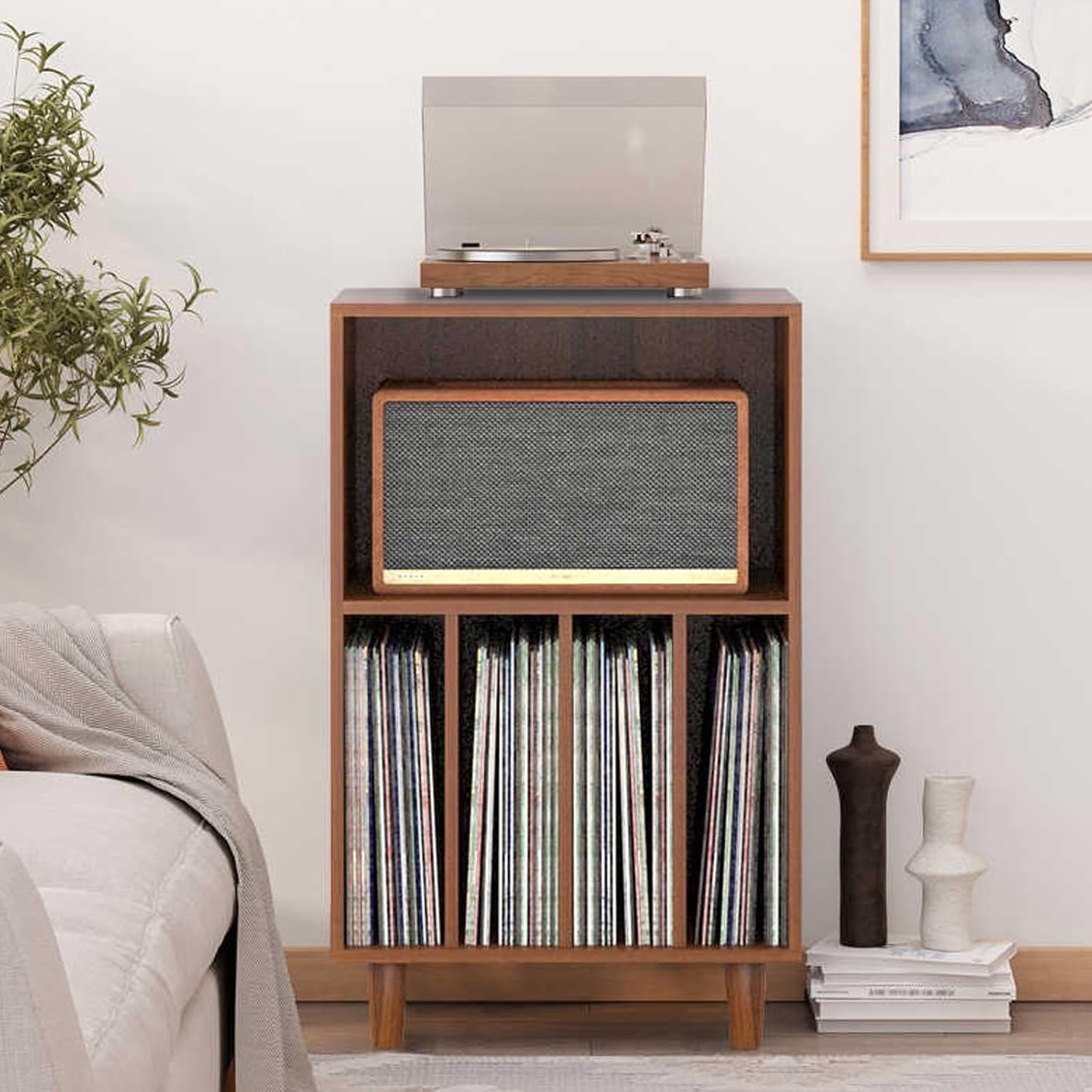 Audio-Video Stand for Record Player and Vinyl Storage - Entertainment Center Table for Living Room with Stereo Component Storage