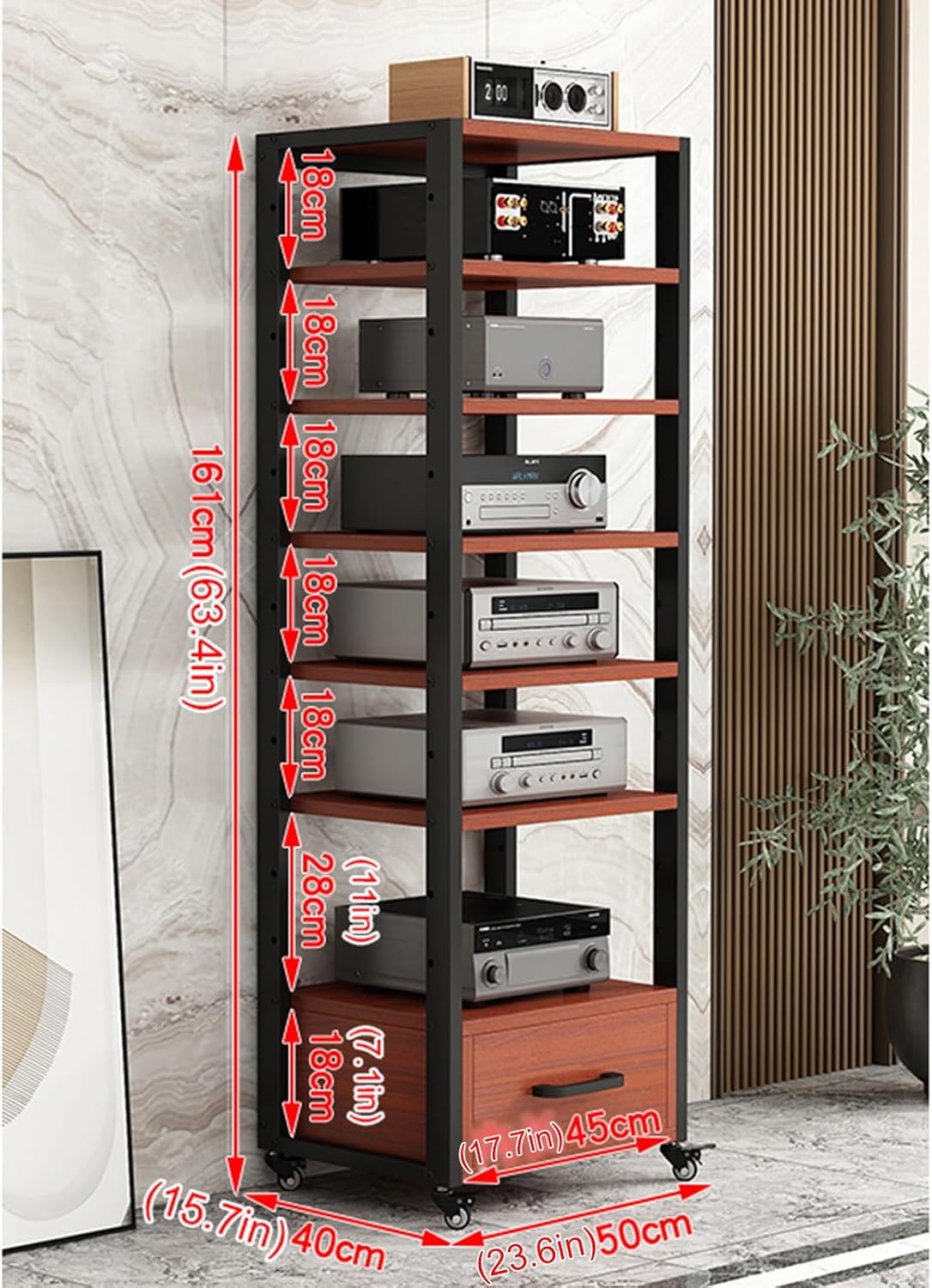 7-Tier Movable AV Media Stand Amplifier Rack CD Player Stand Corner Stereo System Entertainment Components Cabinet with Drawer and Adjustable Wooden Shelf for Home/Office/Theater(B