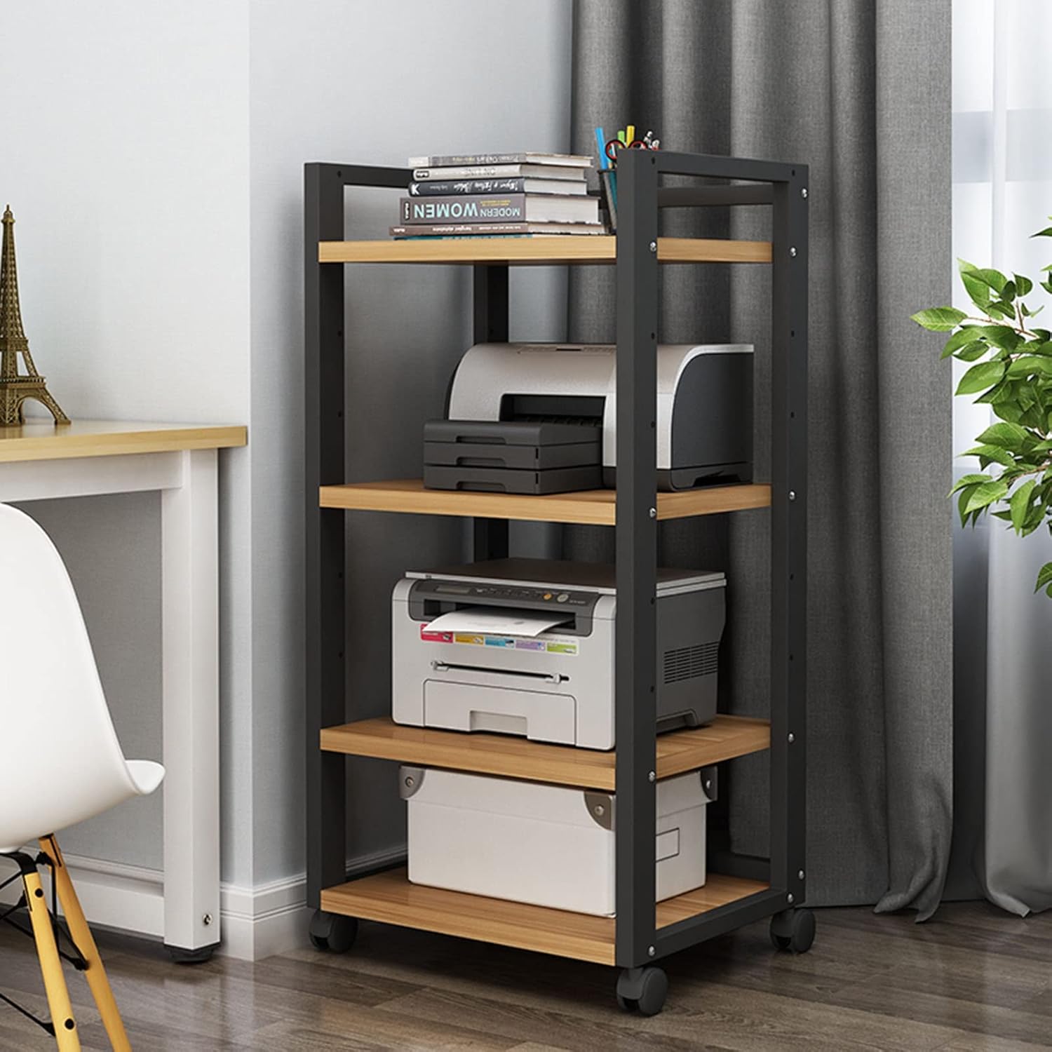4 Tier Open-Frame Multifunction Shelf Floor-Standing Storage Rack Cart with Movable Wheels