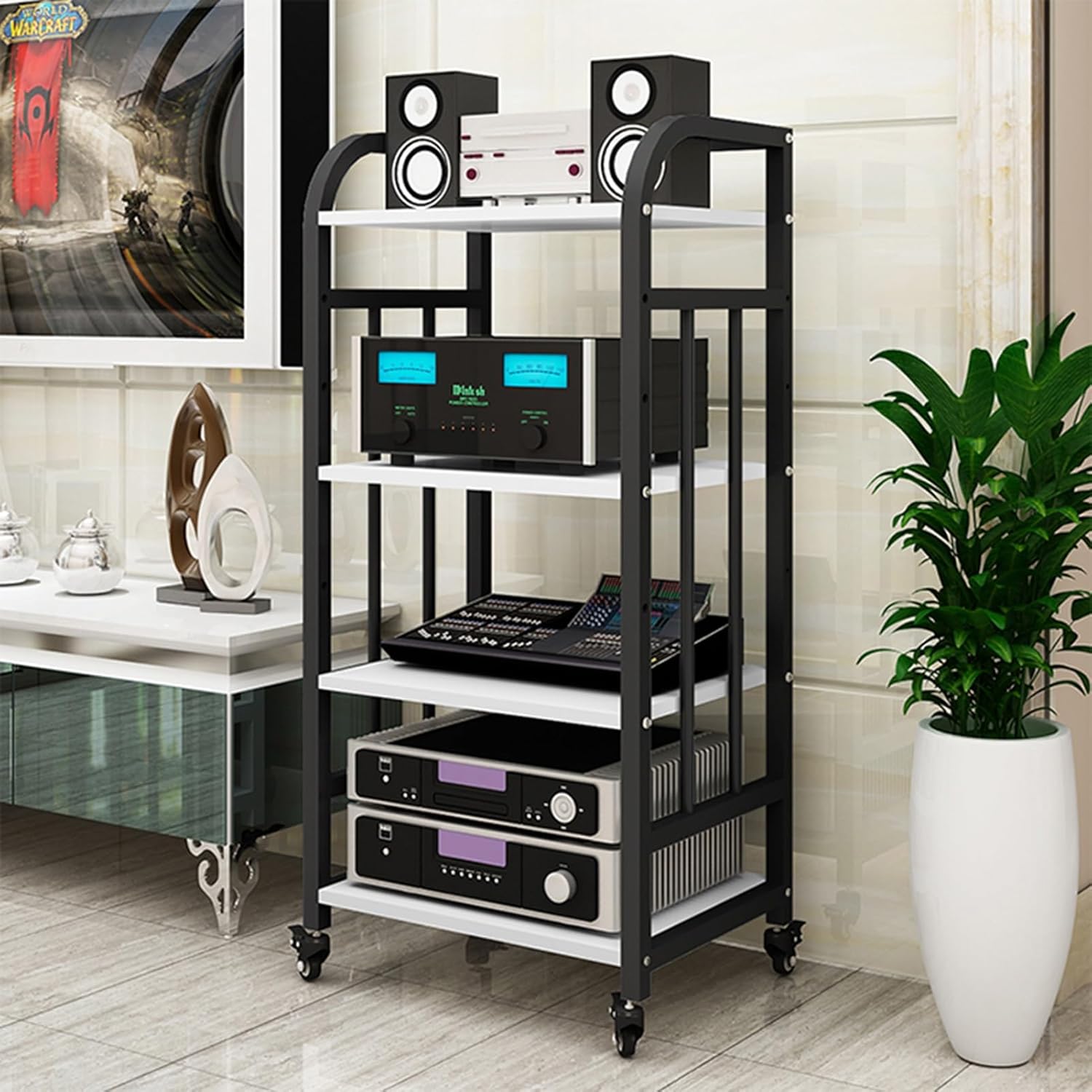 YLQFGUVWK 4-Layer Removable Audio Stand Media Player Stand/Floor Standing/Shelf Cabinet with Height Adjustable Wooden Shelf Stereo Audio Rack Tower Great for Living