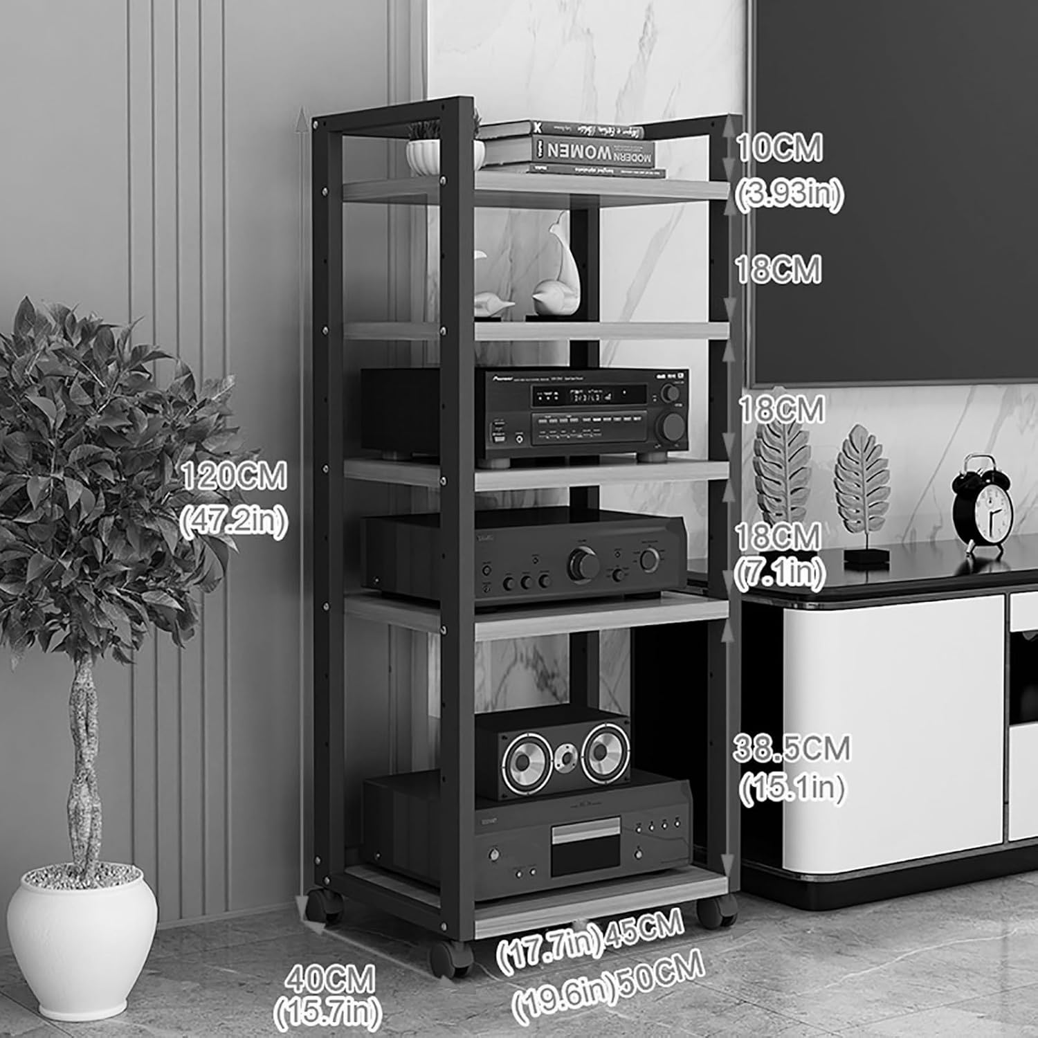 XingLi 5-Tier Movable AV Media Stand Component Cabinet Corner TV Stand Record Player Stereo Rack Audio Tower With Adjustable Shelf