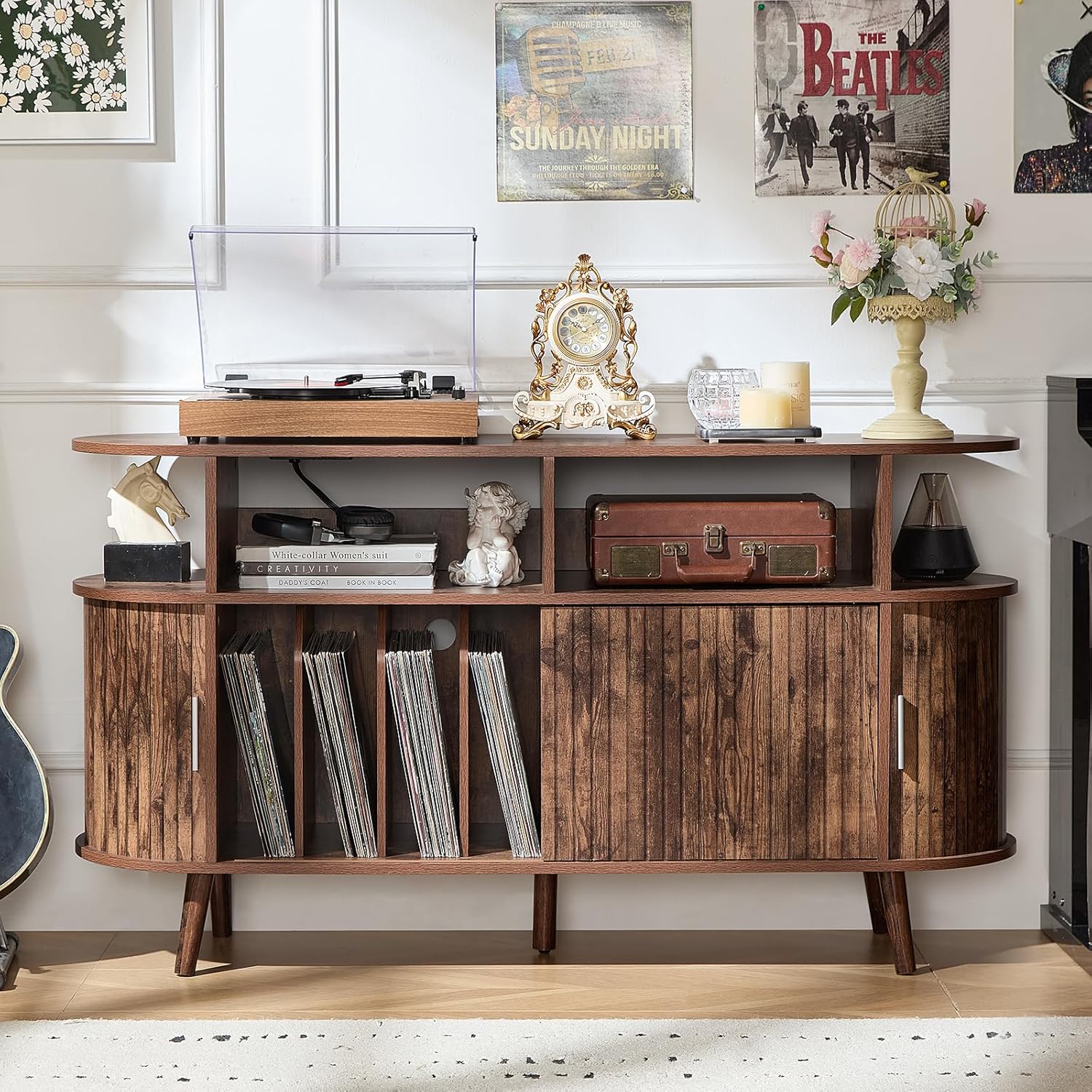 LELELINKY Large Round Record Player Stand with Charging Station & Fluted Panel