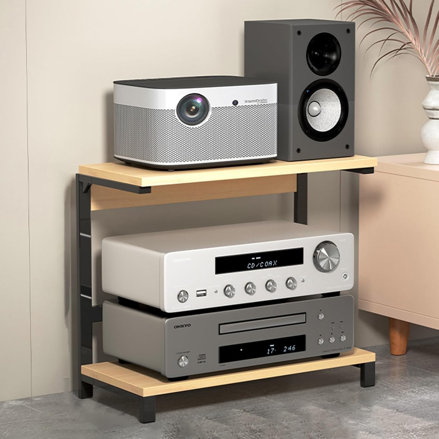 Modern 2-Tier AV Media Stand with Wheels - Corner Shelf for Record Player & Stereo Components - Stylish Audio-Video Storage Organizer for Home Entertainment