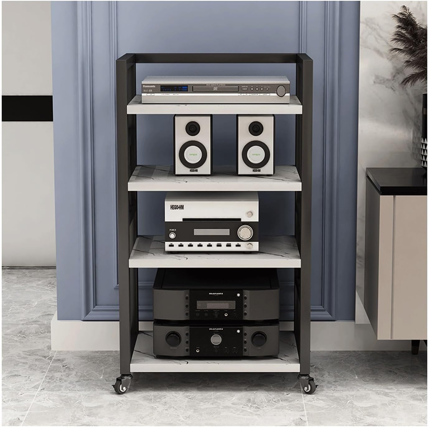 XMFBSY Medios 4 Tier Audio Rack Cabinet Wooden Stereo Stand with Wheels Home Theater AV Media Stand DVD Record Player Rack for Office Studio Organizer(White)