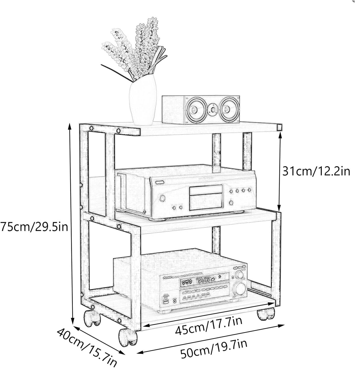 Multi-Tier Audio Rack with Wheel HiFi AV Cabinet Mobile Kickstand CD Rack Media Storage Shelf Protects and Organizes Your Valuable Music