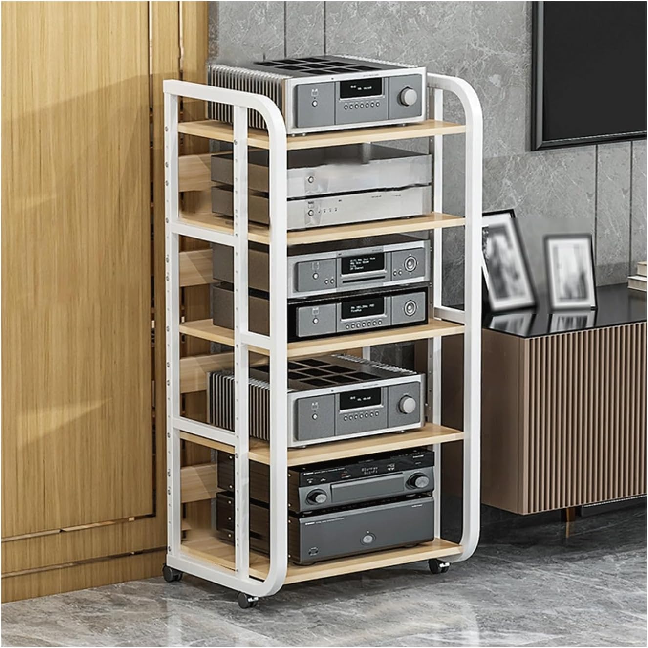 XMFBSY Medios Adjustable Audio-Video Shelving HiFi Stand Modern AV Media Stand with Wheels Metal Rack Audio Tower Holder Mobile Game Console Stand for Home Organizer(White