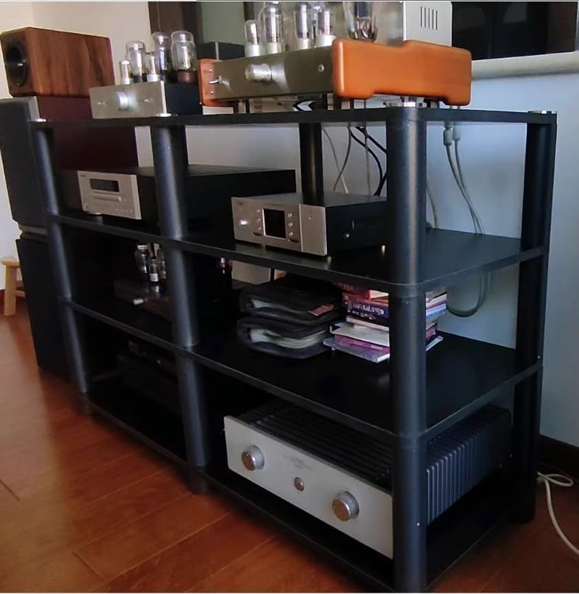 ROPCVAX 4 Tier Audio Component Rack Tower MultiFunctional Stereo AV Media Shelf for Home Office Amplifier Cabinet with Steel Frame Heavy Duty Wooden Storage Table Record Players Stand(White)