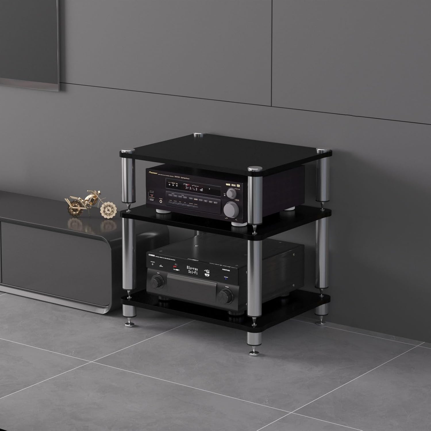 Audio Rack Portable Media Storage Rack Rack Audio Tower with Shelves AV Media Stand Corner Shelf DVD Display Cabinet High Amplifier Rack Shelf/Audio-video Shelving for Living Room.(Black