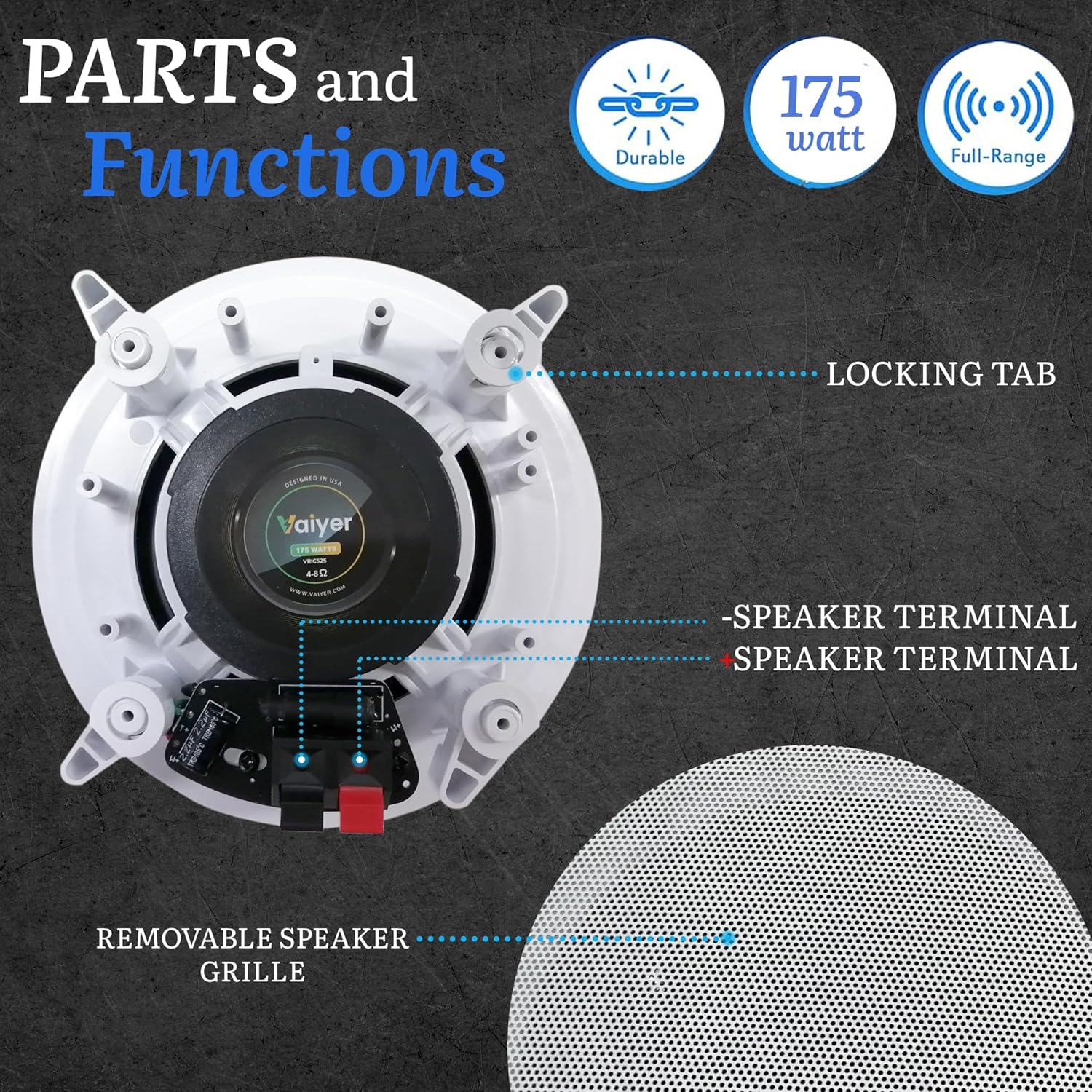 Vaiyer Set of 10 5.25 Inch 8 Ohm 175 Watts Ceiling Speakers