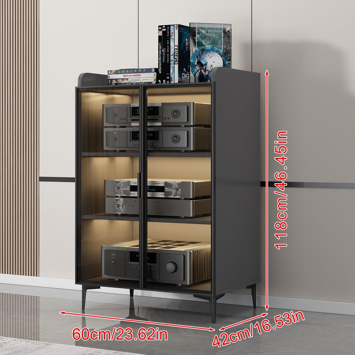 AV Cabinet 2/3 Tier Modern Stereo Rack System Cabinet Media Storage Cabinet AV Cabinet with Glass Doors Media Console without LED light for Gaming Meeting Living Recording Room.(Black