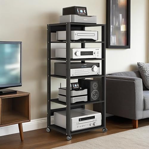 GenSDH Rolling Av Media Stand with Lockable Wheels Storage Shelves & Component Cabinet for Home Office & Theater - Black Audio/Video Rack for Stereo Equipment