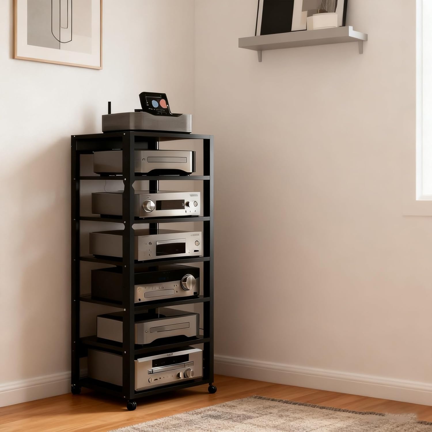 Black Adjustable Height 7 Shelf Audio Rack Stand