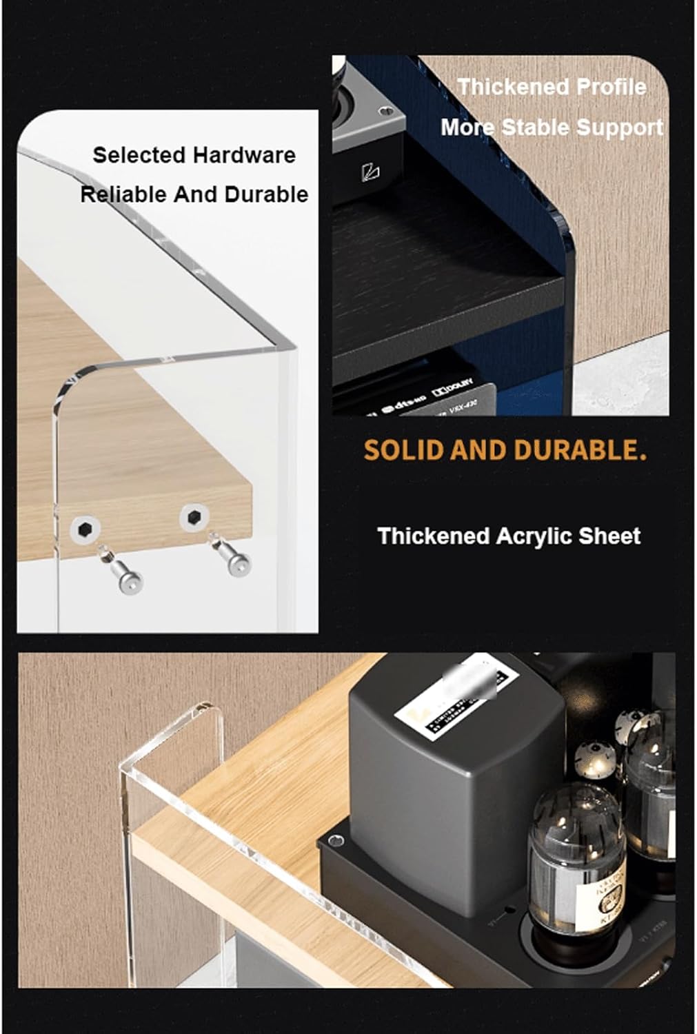 XMFBSY Medios Acrylic Audio Rack Tower HiFi AV Media Stand with Adjustable Shelves Modern Record Player Console Rack Audio-Visual Shelving Stereo Cabinet for Home Organizer(Black