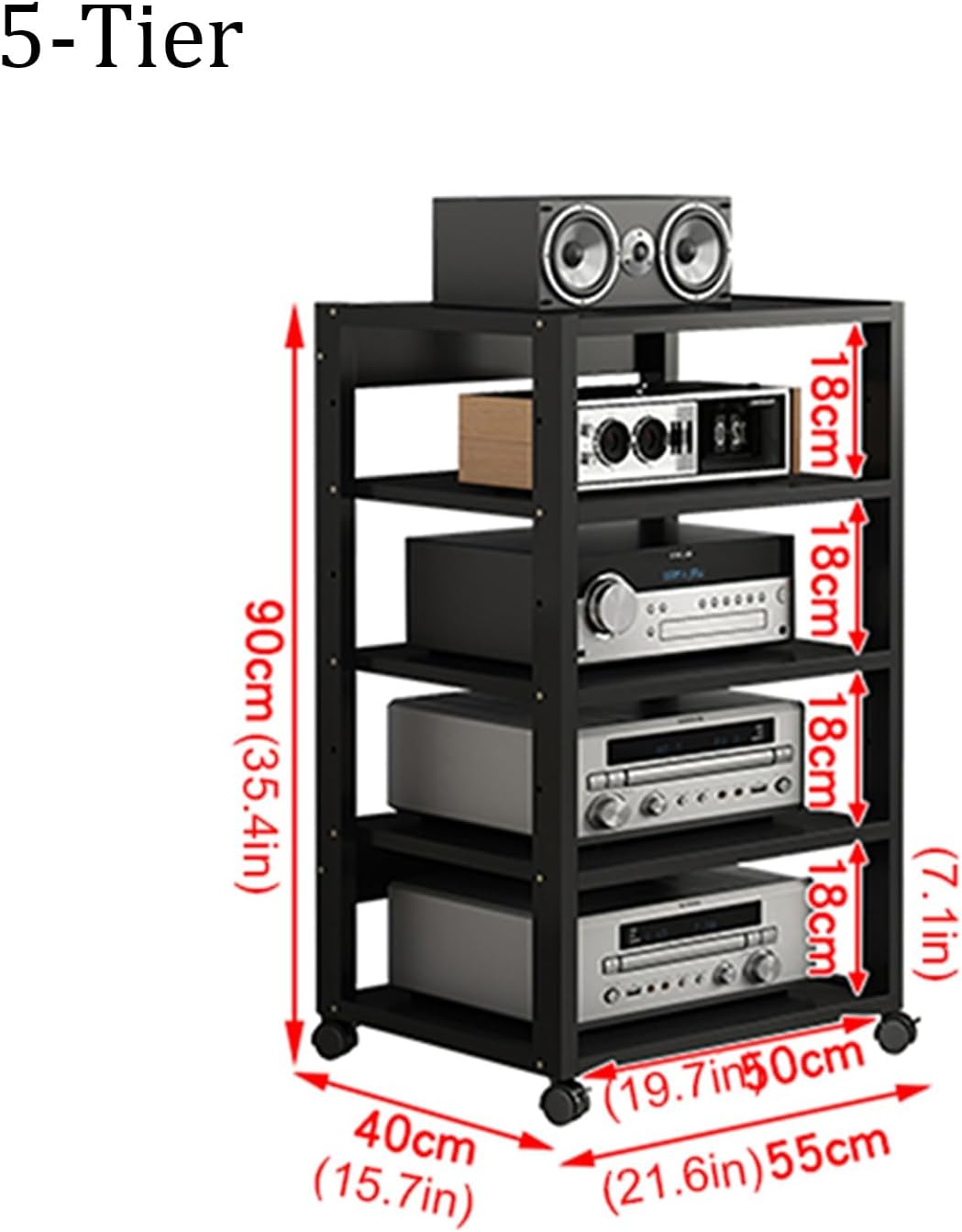 4/5-Tier AV Media Stand Movable Audio Tower CD Player Stand Stereo Component Storage Cabinet with Height Adjustable Wooden Shelf for Home/Office/Theater