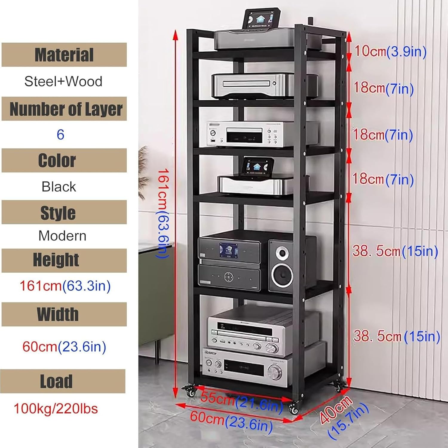 Audio Video Media Stand Cabinet with Height Adjustable Shelf & Wheels | 6 Tier Entertainment Rack for Home/Office/Living Room | Small Space Organizer
