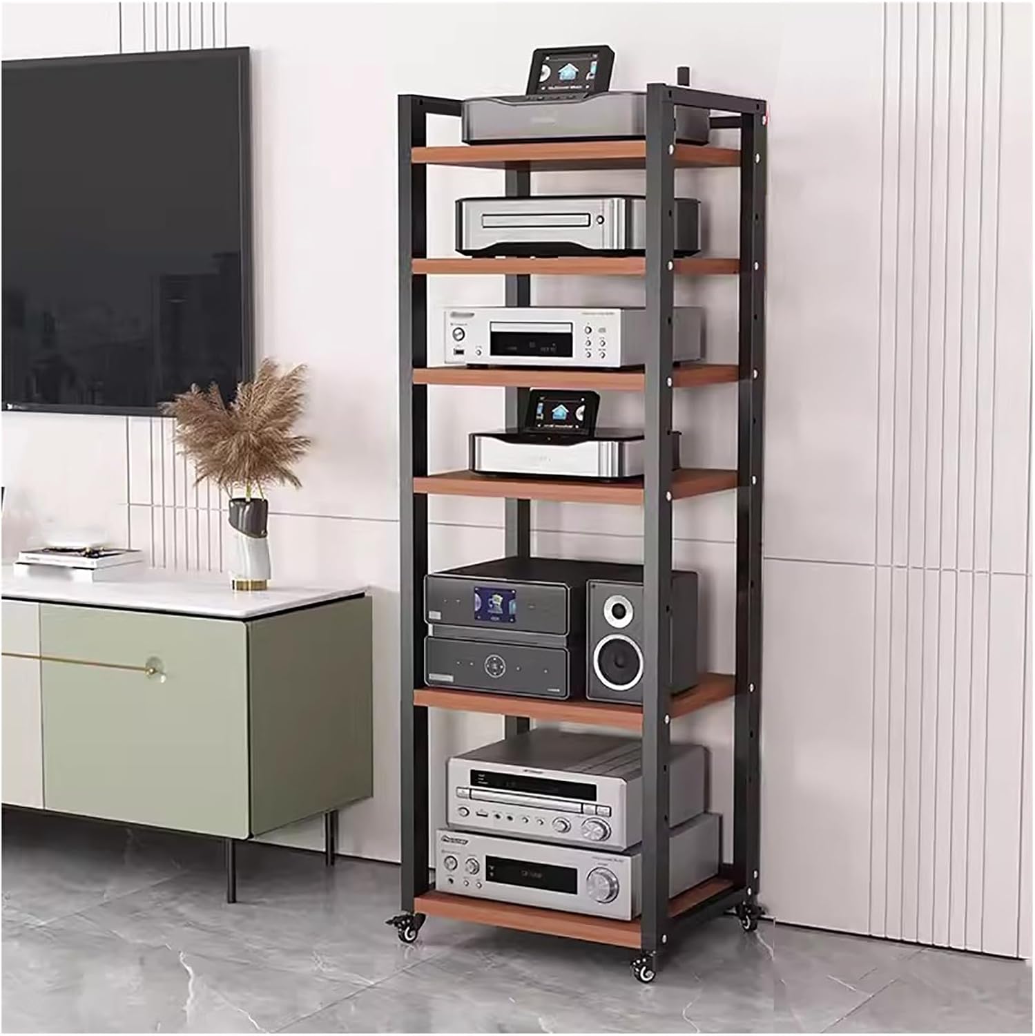 UYCVT Heavy Duty 6-Tier Audio Video Rack - Adjustable Rolling Media Stand for Living Room Tall Stereo Components Cabinet Durable Storage Solution Black Finish-Black-#1