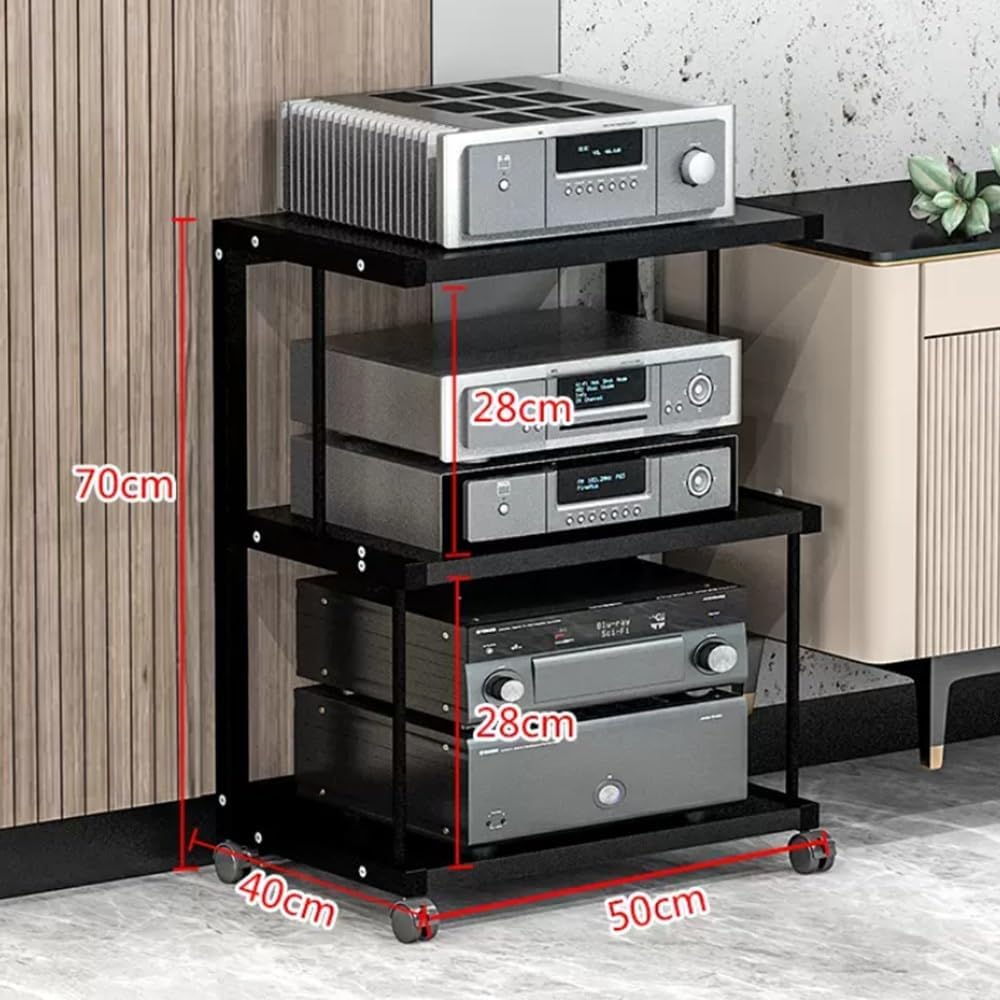 NILZA 3-Tier Movable Audio Tower Record Player Stand Media Stand Audio/Video Rack CD Player Stand Stereo Component Storage Cabinet Open Storage Shelf - White/Black(Black