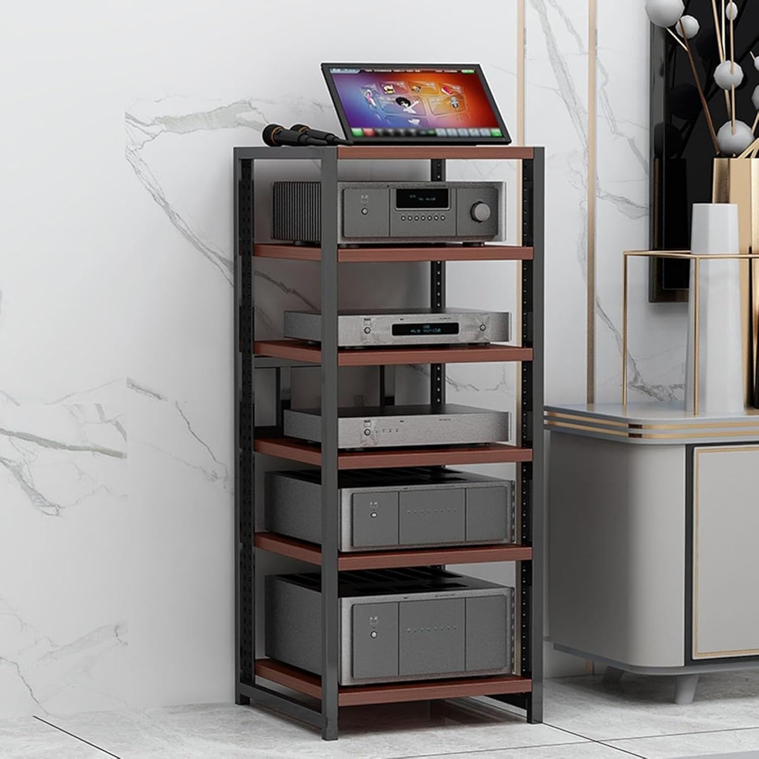 XingLi 5-Tier AV Media Stand Audio/Video Component Cabinet Stereo Rack Audio Tower With Height Adjustable Tempered Wood Shelf for Home/Office/DJ/Theatre 50x40x100cm(B)