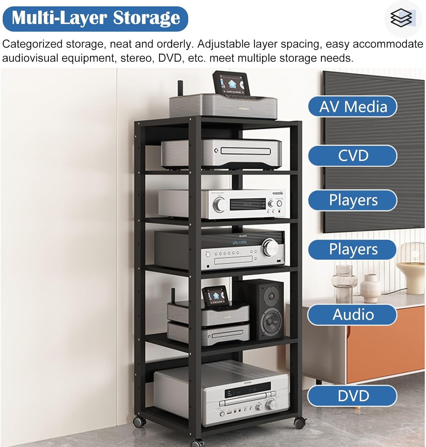 RENLXFI Audio Rack Av Tower Media Stand 5 6 7 Tier Electronics Equipment Shelf