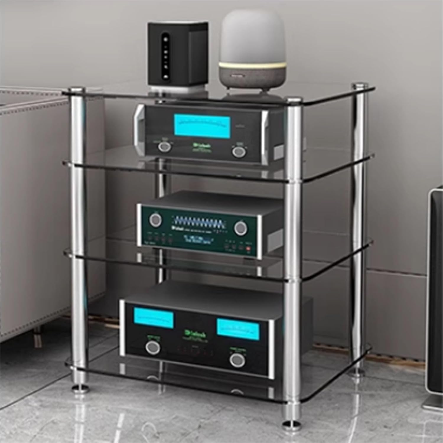 AV Media Stand Display Rack - 1/2/3/4 Tier Audio/Video Console Cabinet with Tempered Glass