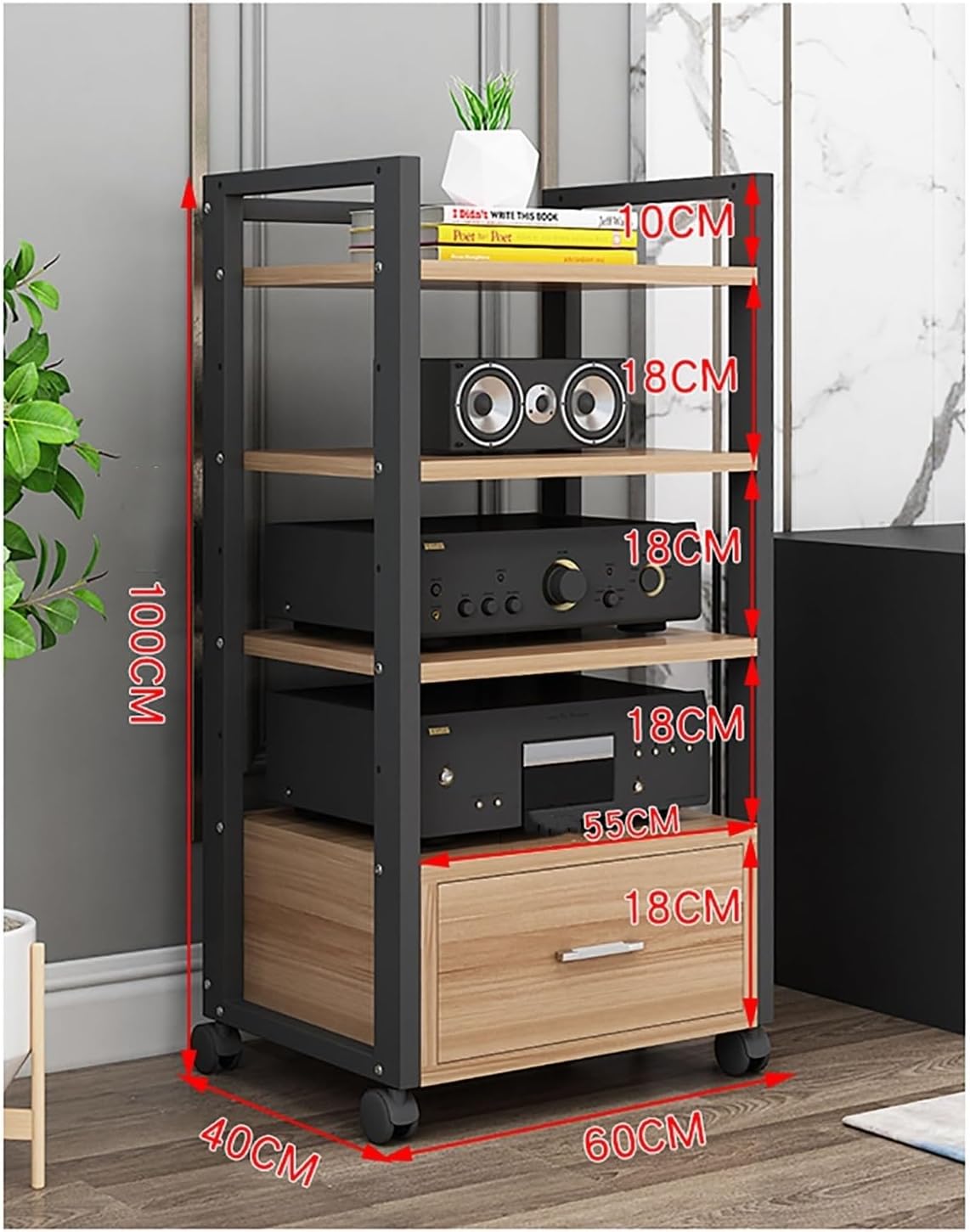60 Long Multi-Tier Audio Rack with Drawer Amplifier Stand HiFi AV Cabinet Mobile Kickstand CD Rack Media Storage Shelf Protects and organizes Your Valuable Music