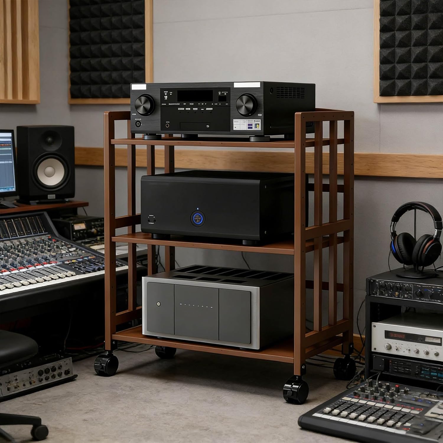 Three-Level Speaker Equipment Holder Bamboo Audiovisual Device Movable Adjustable Storage Rack Suitable Home Theater Living Room Study(38x50x88cm)