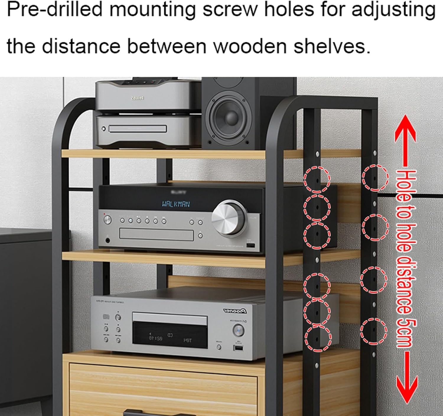 2/3/4-Tier Movable Audio Rack AV Media Stand CD Player Stereo Component Storage Cabinet Corner Media Center with Height Adjustable Wooden Shelf and Dr(C-1-2 Tier-50x40x58.5cm)