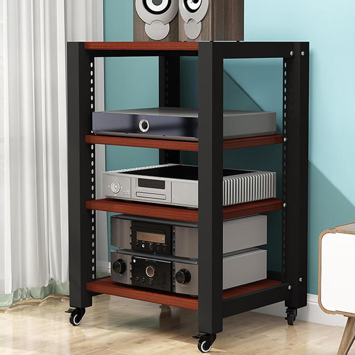 UYCVT Adjustable 2-5 Tier Media Stand Teak Audio Rack & DVD Shelf Av Video Storage Gaming Organizer Compact Multi-Function Entertainment Center-Teak-60x50x85m