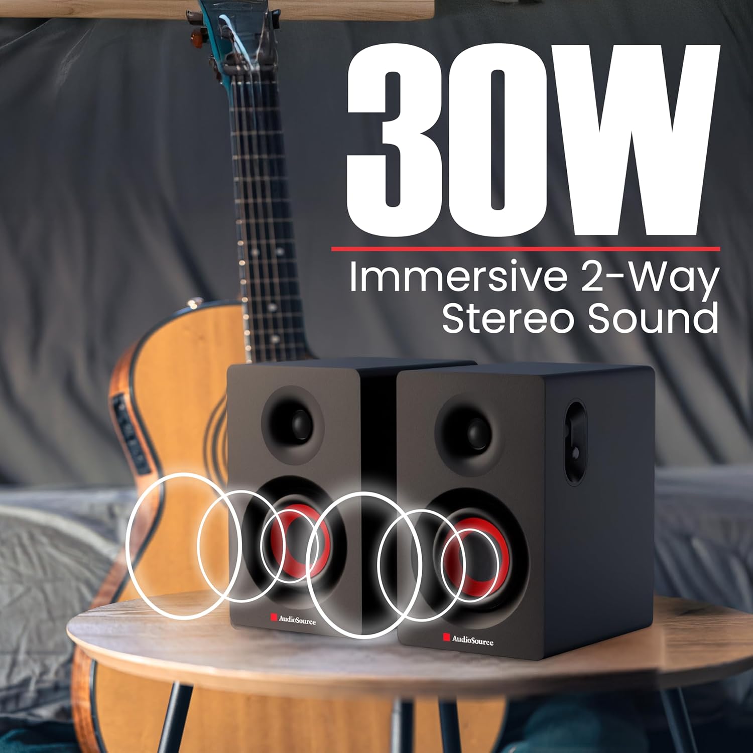 Audiosource Bluetooth 2-Way Bookshelf Speakers, 30W RMS Powered Desktop Speakers/Woofer, Rear Bass Port, AUX & USB MP3 Playback, Multipoint Pairing, Wood Cabinet – Hi-Fi PC Gaming & Music System