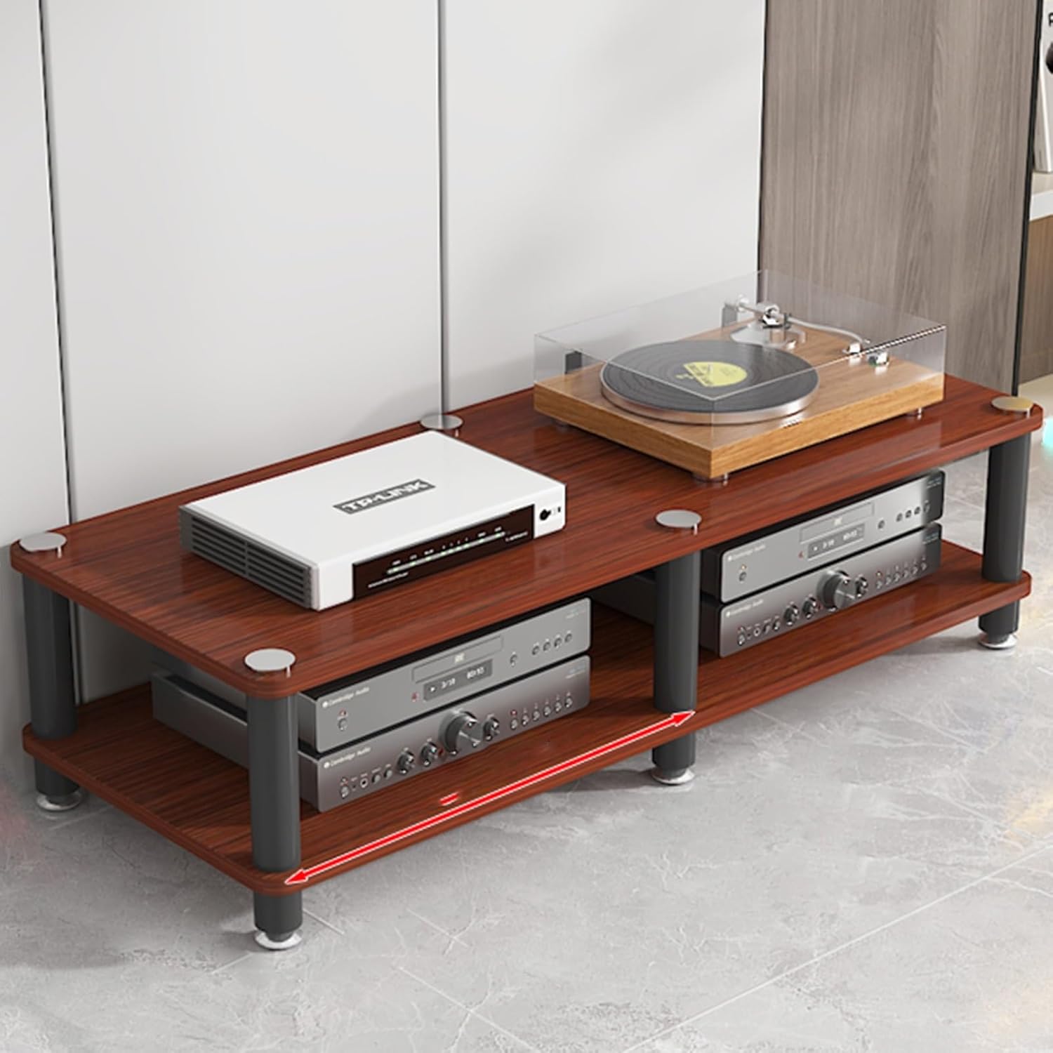 Record Player Stand with Vinyl Storage Speaker Mount Mid-Century Record Player Table Wooden Corner Shelves Component Cabinet for DVD Players/Cable Boxes Design AV Media Stand(Teak