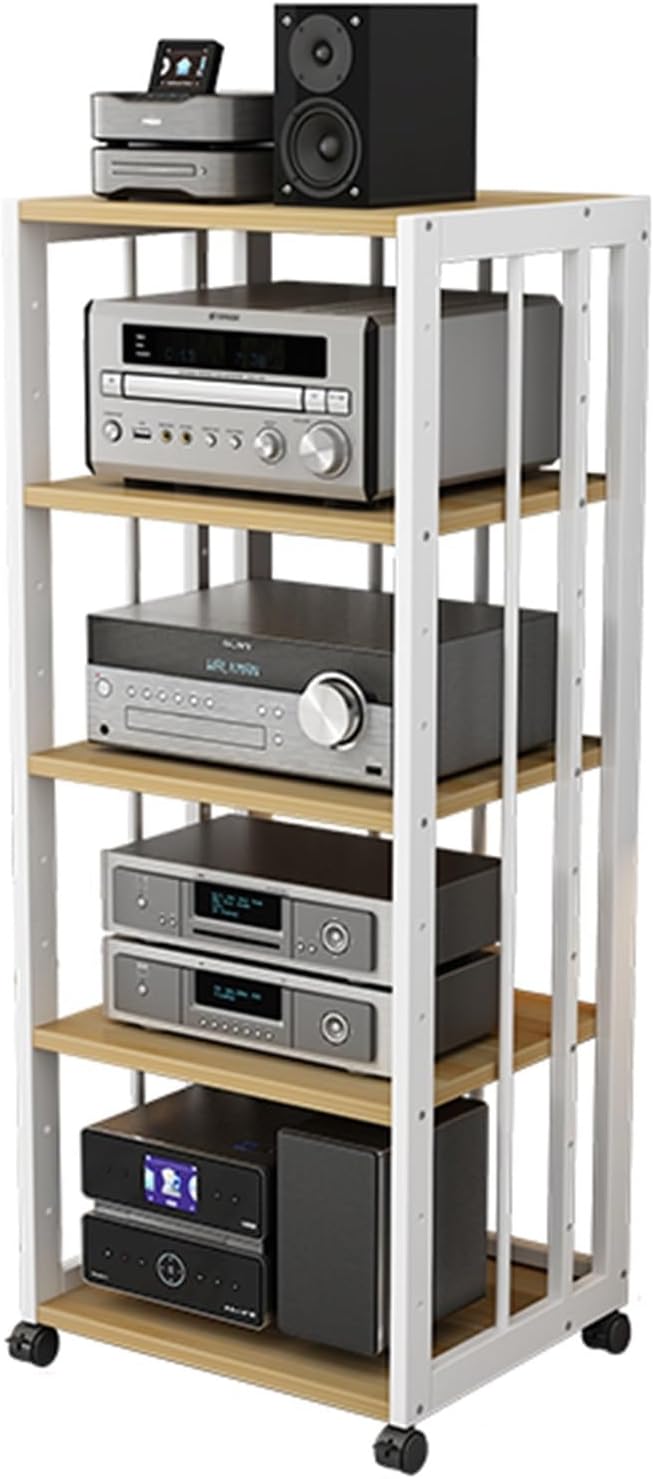 Media Stand Removable Audio Stand 5-Layer Wooden Shelf for AV Media Stand CD Player Stand Stereo Component Storage Cabinet with Height Adjustable Wooden Shelves