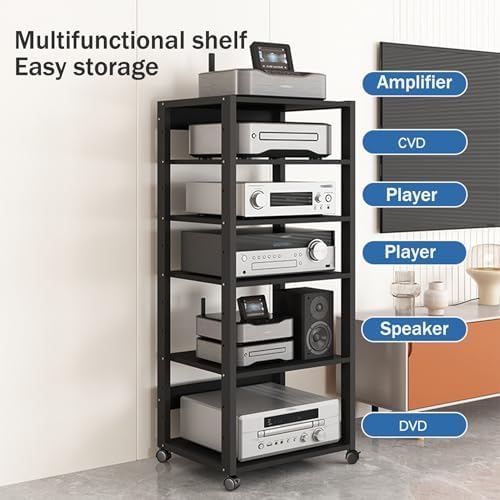 USZWBY Media Stereo Cabinet Standmedia Stand Audio-Video Shelving 3/4/5/6 Tier HiFi DVD Holder Game Rack Cd Console Cabinet with Adjustable Shelves Wooden St(Color-50X40X131Cm)