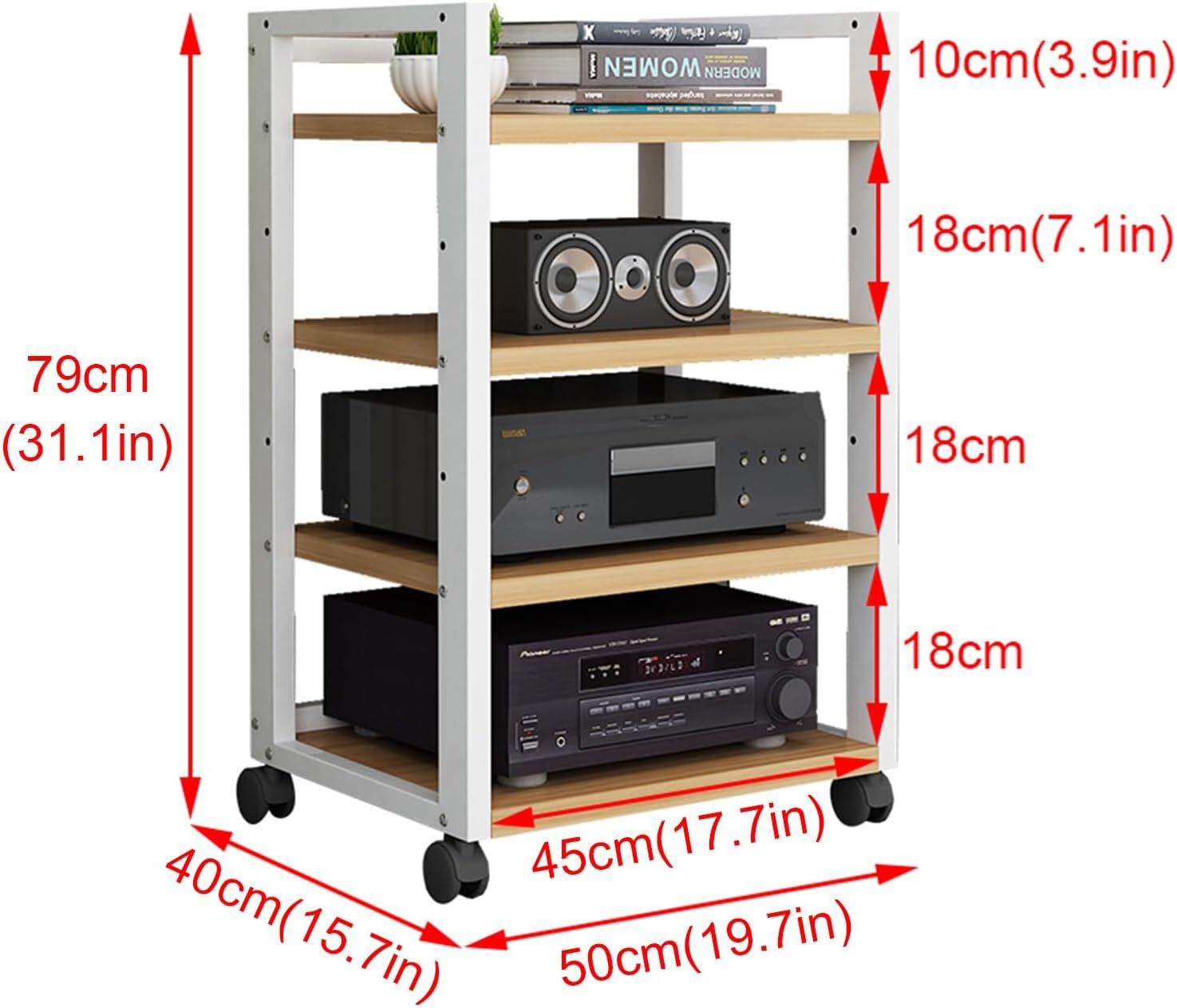 Modern Media Stand Multi-Functional Open Storage Rack 4-Tier Audio Video Component Cabinet Media Cabinet with Height Adjustable Wooden Shelf for Home/Office/Theater (Size : 50x40x79cm)