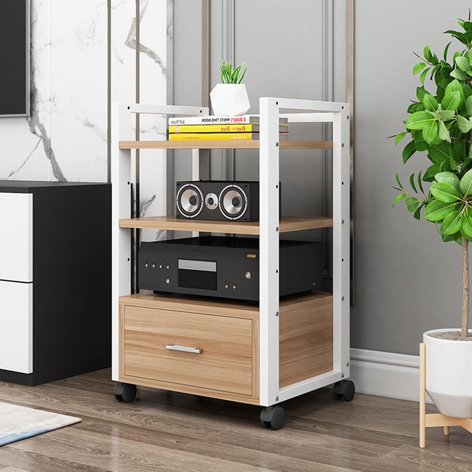 Movable 3-Tier AV Media Stand Audio/Video Rack CD Player Stand Modern Stereo Component Cabinet with Adjustable Wooden Shelves and Storage Drawer for Home/Office/Theater