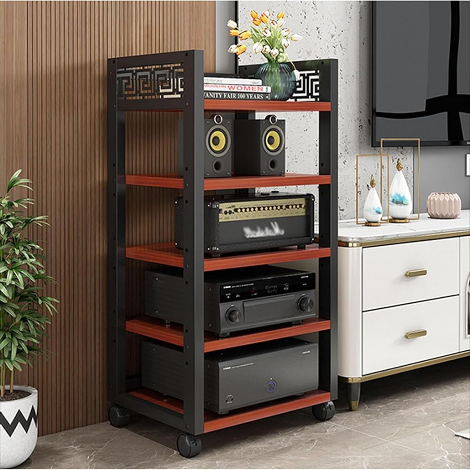3/5-Tier AV Media Cabinet Stand Audio/Video Component Cabinet Stereo Rack Audio Tower With Caster Wheels & Adjustable Shelf Multi-Function Open Storage Shelf