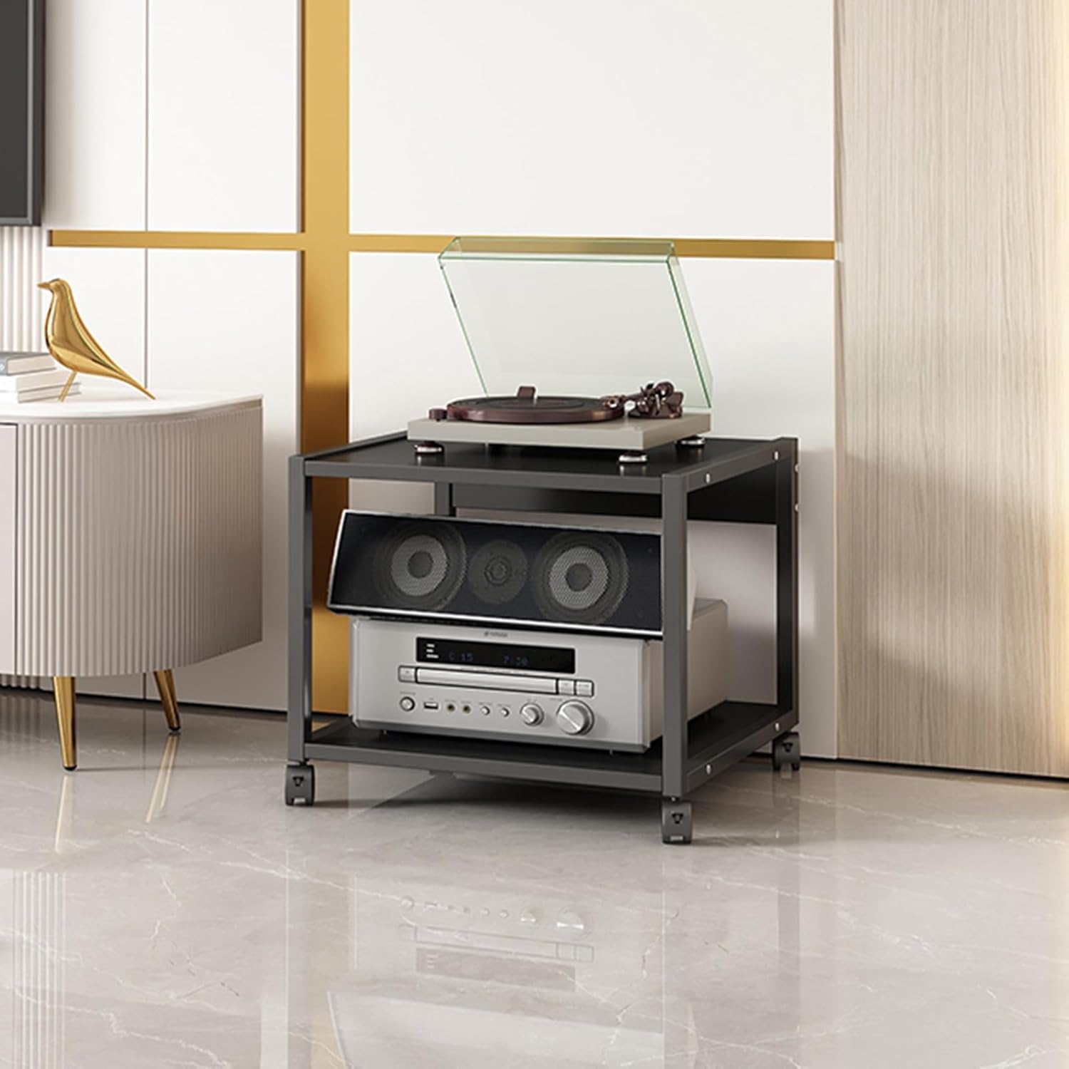 Media Stand 2 Tier Movable AV Media Stand Amplifier Rack CD Player Stand Corner Audio Tower Stereo Component Cabinet with Storage Wooden Shelves and Steel Frame for Home Office Theater