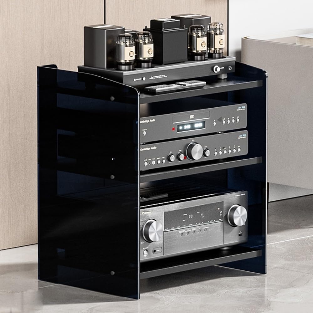 BERWDUXA Acrylic Audio Rack 3/4-Layer AV Media Stand Game Console Shelf Record Player Stand Adjustable HiFi Storage Shelves for Entertainment Stereo Component(Dark+Black
