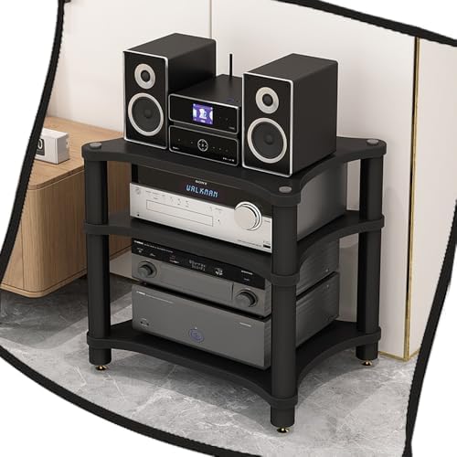 USZWBY Media Stereo Cabinet Standopen Av Cabinet Audio Component Rack 1/2/3/4 Tier Media Storage Stand HiFi Rack Cd Player/Game Console/Stereo System Shelf (Black-3Tier-62Cm Tall)