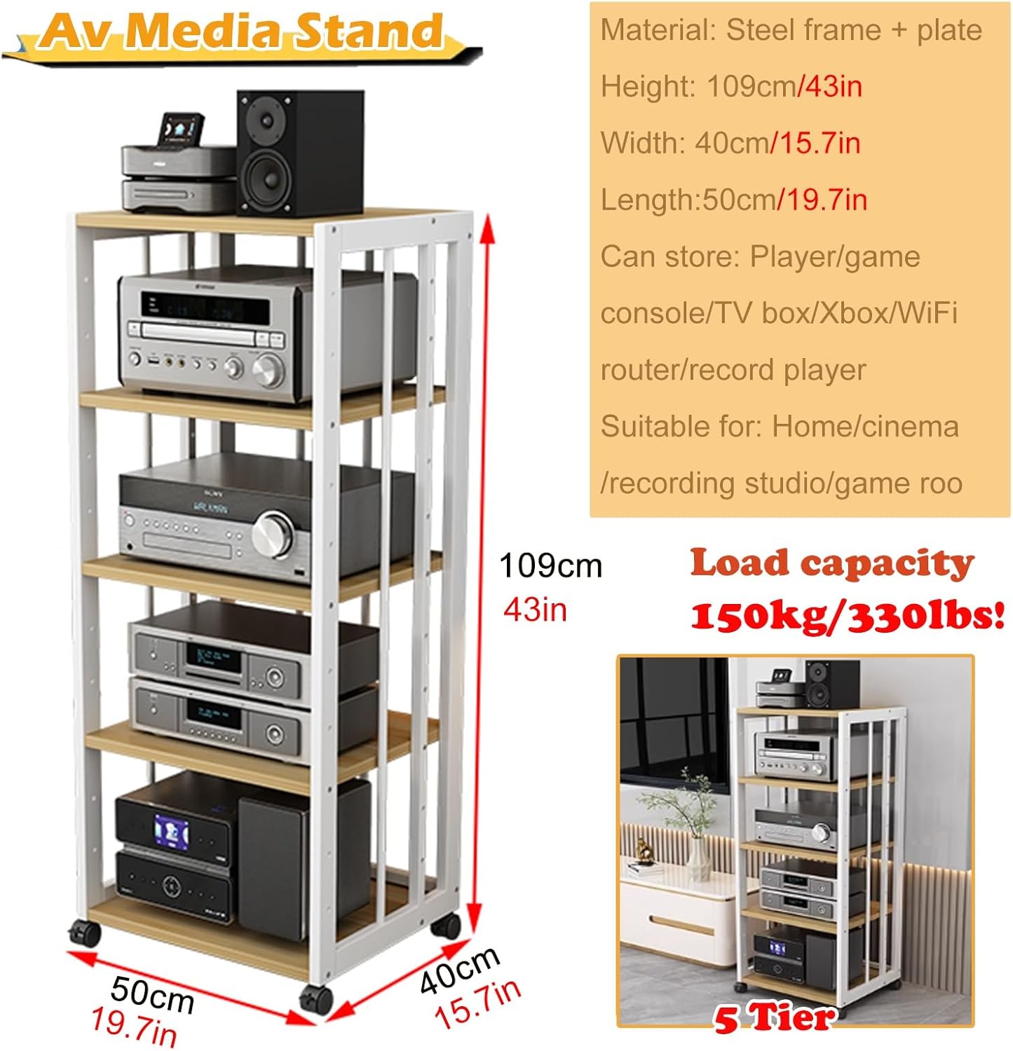 WLCGYD 43'' Tall Stereo Rack System Cabinet Speaker with Height-Adjustable Shelf