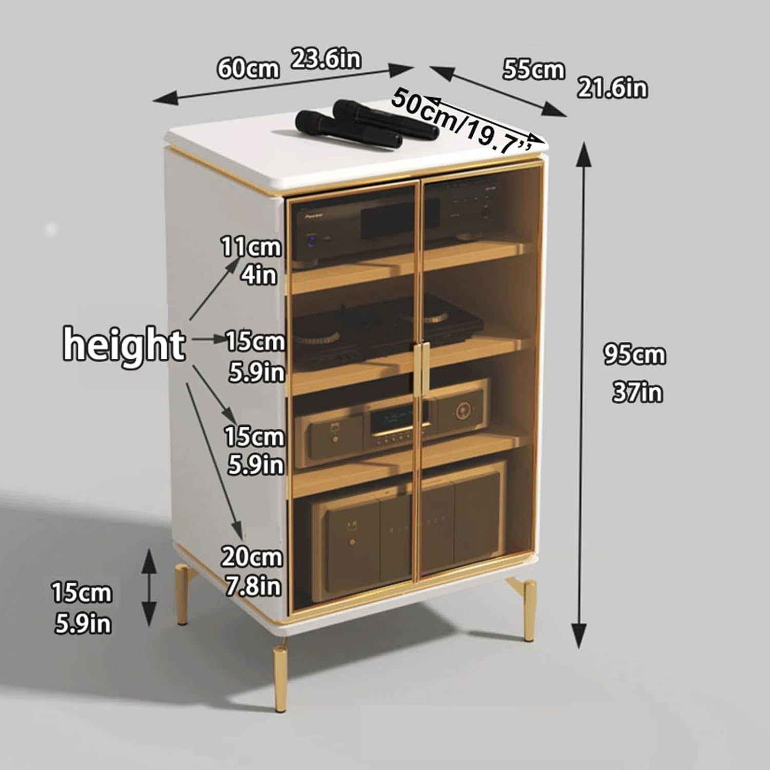 XMFBSY Medios Heavy Duty 4-Tier Media Cabinet Audio Rack DVD Players Equipment Cabinet Audio-Video Media Stand with Tempered Glass Doors for Home Organizer(Grey