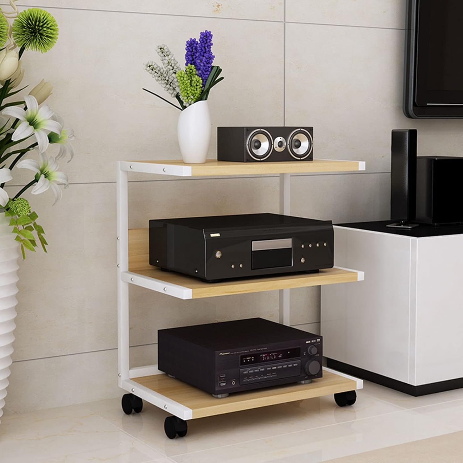 3-Tier Audio Rack CD Media Player Stand Audio/Video Component Cabinet Floor-Standing Movable Storage Shelf with Wheels for Home/Office/Theater