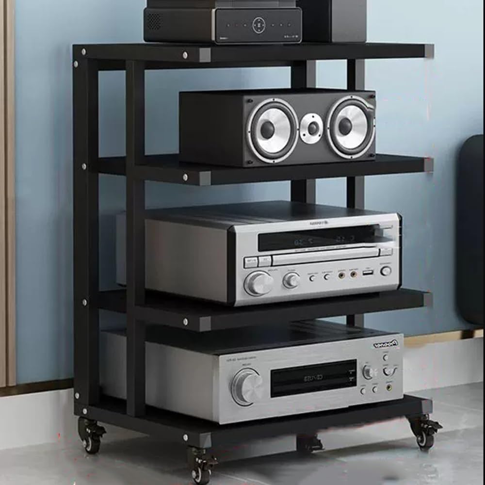 NILZA Audio Stand HiFi Rack AV Cabinet Media Stand Audio Video Component Cabinet with Brake Wheel 4/5/6-Tier Stereo Rack Corner Rack Audio Tower Open Audio Cabinet(Black